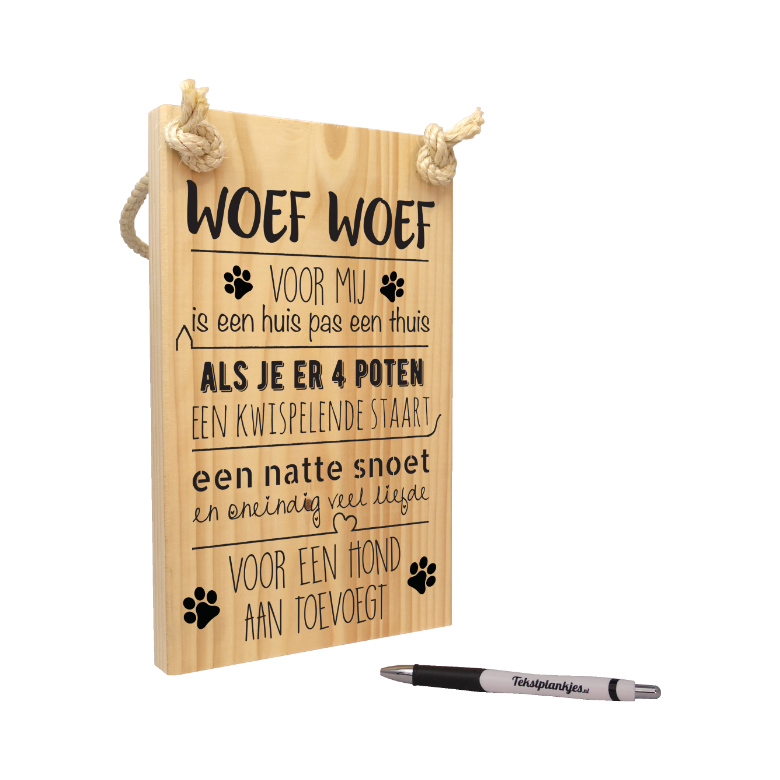 Tekst op hout voor de hond - woef woef