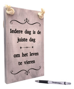 tekst op hout - tekstbord - origineel cadeau - iedere dag is de juiste dag om het leven te vieren