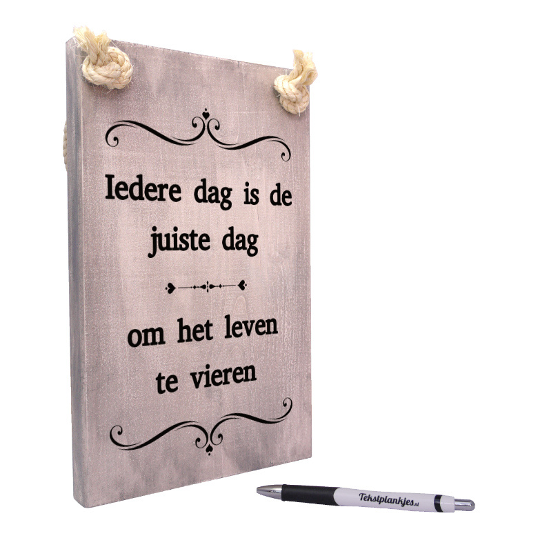 tekst op hout - tekstbord - origineel cadeau - iedere dag is de juiste dag om het leven te vieren