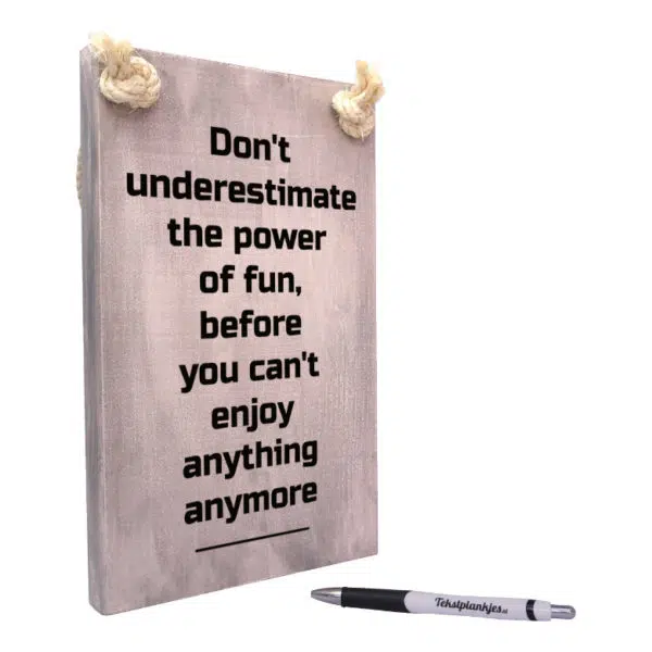 tekst op hout - origineel cadeau - steuntje in de rug - do not underestimate the power of fun