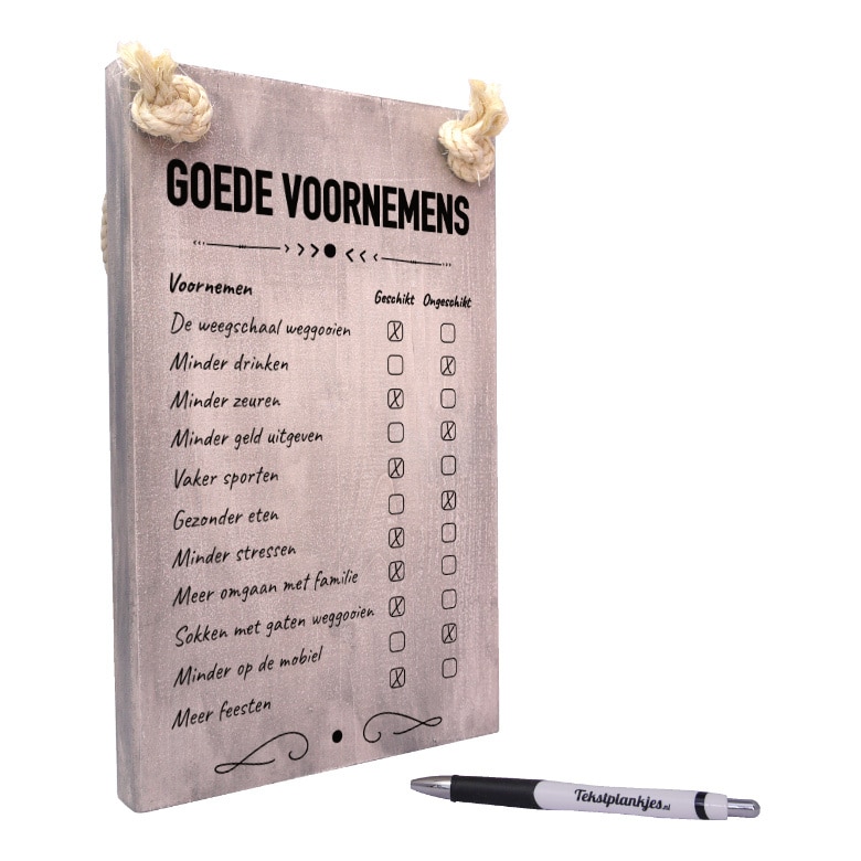 tekst op hout - tekstbord - origineel cadeau - goede voornemens checklist - nieuw jaar