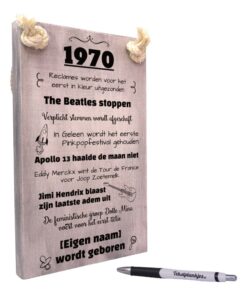 verjaardagscadeau abraham - cadeau 50 jaar 1970 geboren inclusief naam jarige - tekstbord