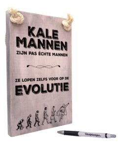 origineel cadeau kale man - grappig cadeau - tekst op hout - kale mannen lopen voor op de evolutie