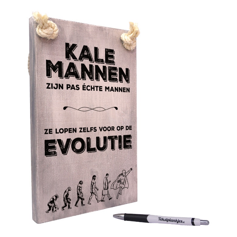 origineel cadeau kale man - grappig cadeau - tekst op hout - kale mannen lopen voor op de evolutie