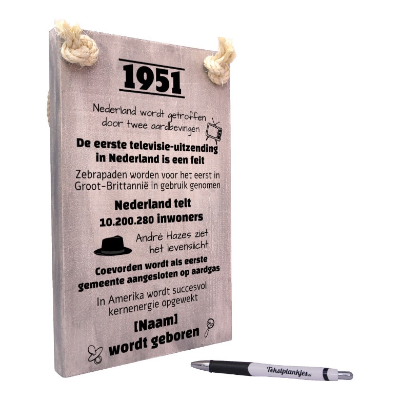 Harmonie Previs site Merchandiser Origineel Verjaardagscadeau geboren in 1951 - Tekstbord met eigen naam