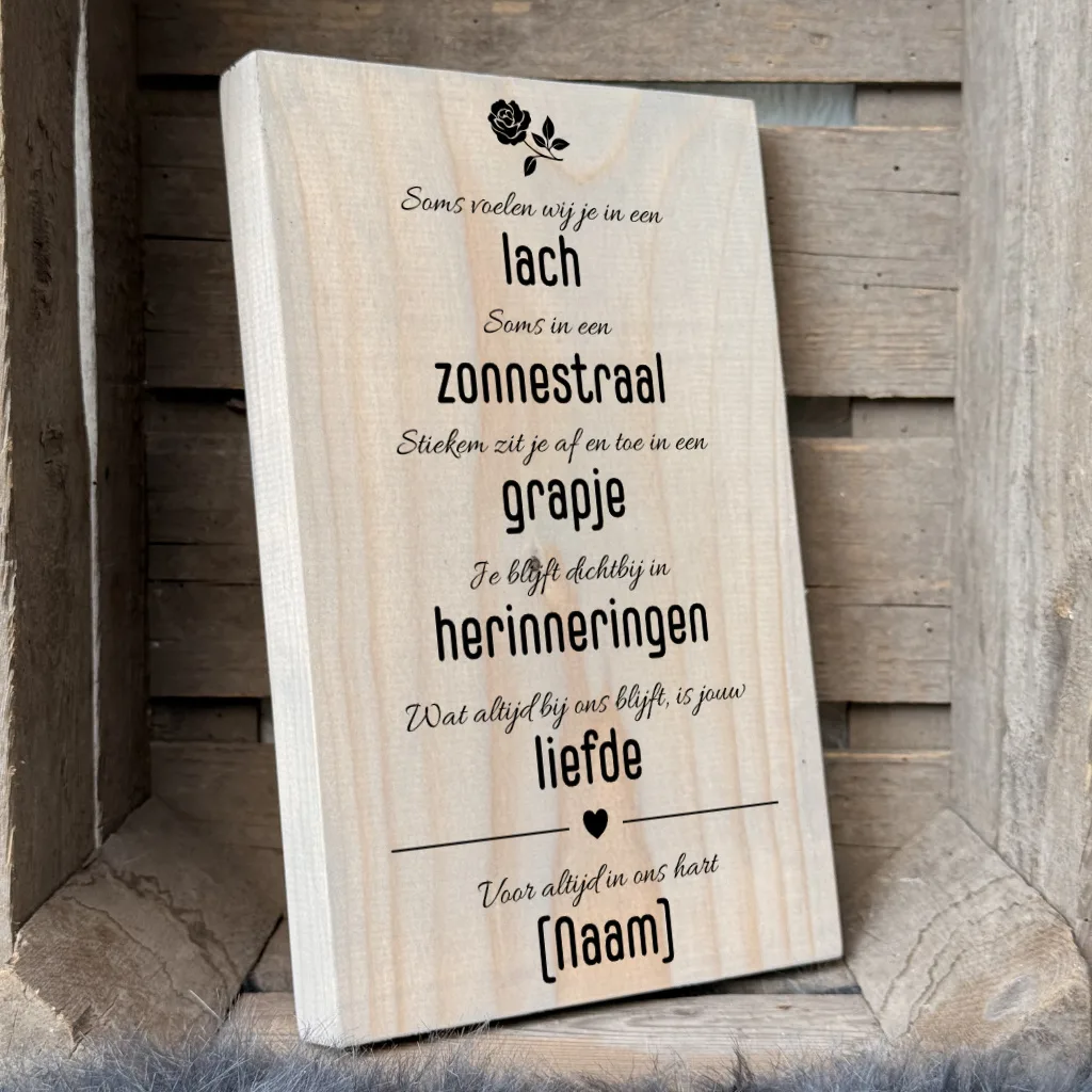 tekstplankje of tekstbord herinnering aan overleden dierbare - voor altijd in ons hart